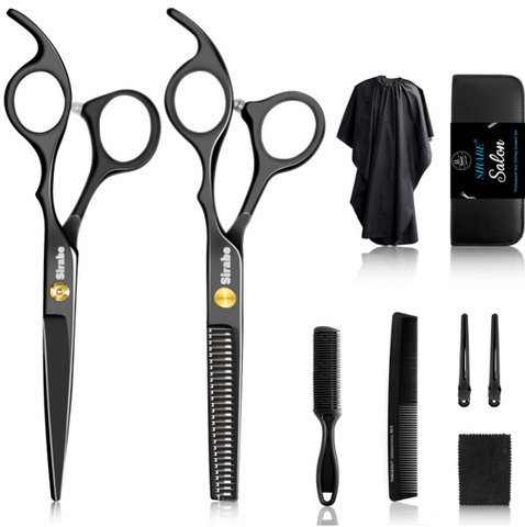 Sirabe 10 PCS Hair Cutting Scissors Set, Professional Haircut Scissors Kit with Cutting Scissors,Thinning Scissors, Comb,Cape, Clips, Black Hairdressing Shears Set for Barber, Salon, Home